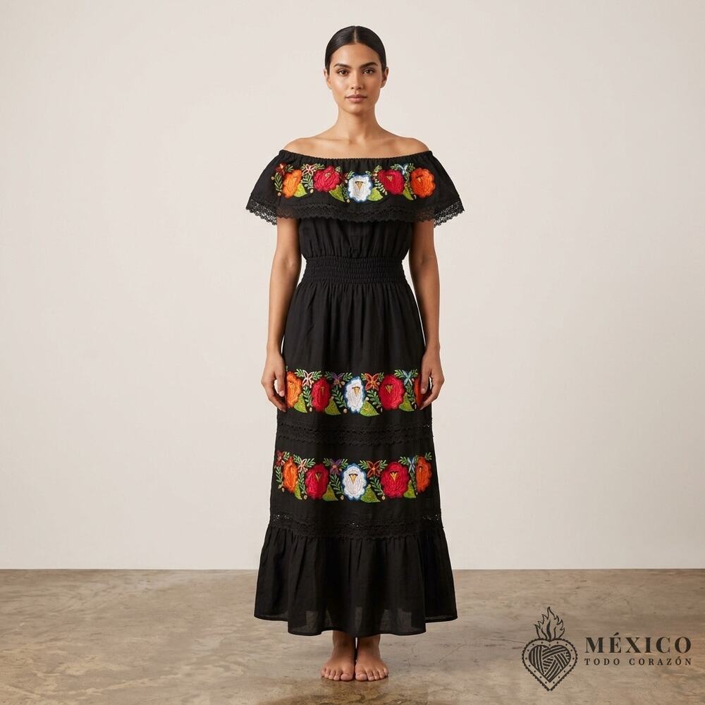 Mexican Black maxi dress one piece Dress – Mexican Folklore Wear size Large